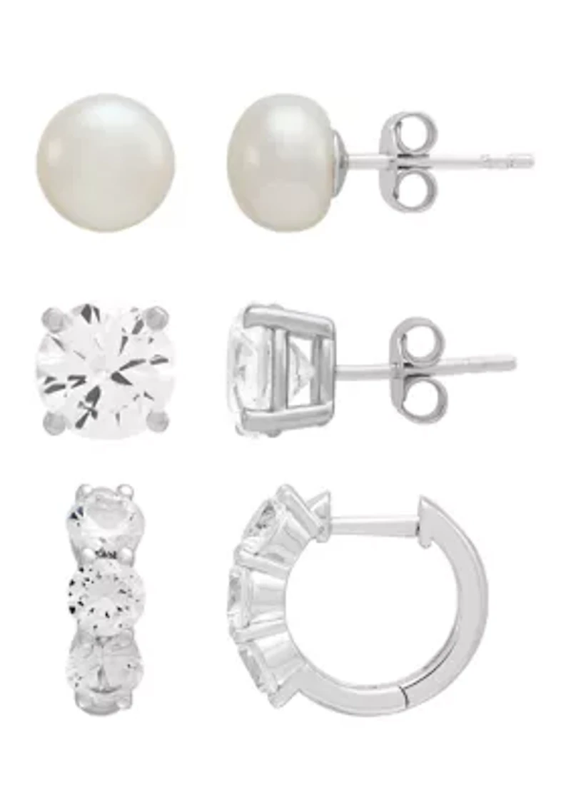 Lab Grown Pearl and Lab Grown White Sapphire Earrings Set in Sterling Silver