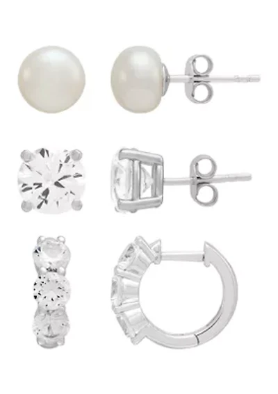 Lab Grown Pearl and Lab Grown White Sapphire Earrings Set in Sterling Silver