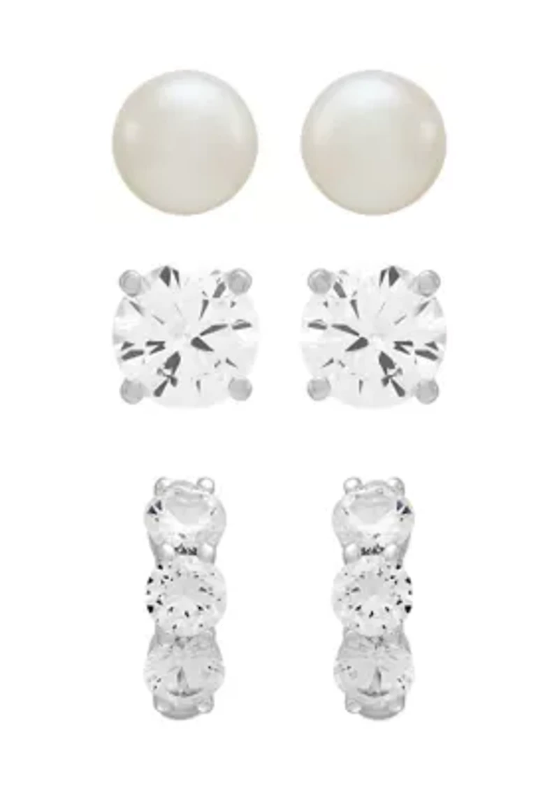 Lab Grown Pearl and Lab Grown White Sapphire Earrings Set in Sterling Silver