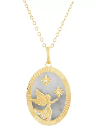 Mother Of Pearl and  Cubic Ziconia Pendant with 18" Cable Chain in Gold over Sterling Silver