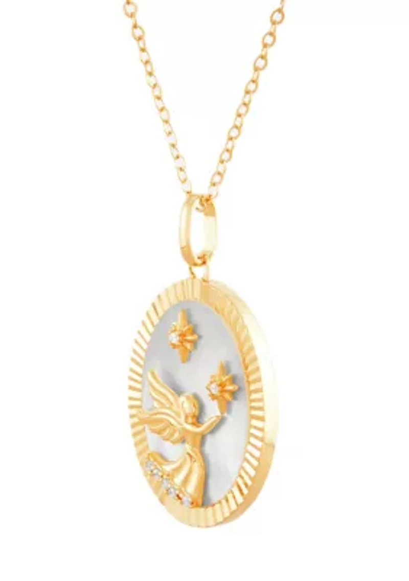 Mother Of Pearl and  Cubic Ziconia Pendant with 18" Cable Chain in Gold over Sterling Silver