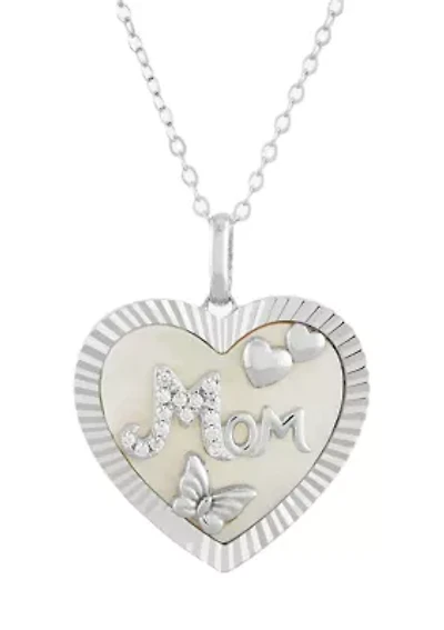 Mother Of Pearl and Cubic Zirconia Pendant Necklace with 18" Cable Chain in Sterling Silver