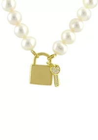 Freshwater Pearl and White Topaz Key Necklace in Sterling Silver