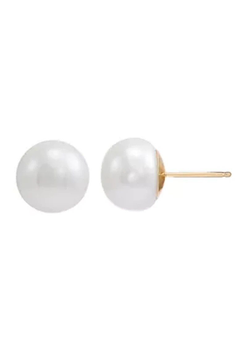 White Button Freshwater Pearl Stud Earrings in 14K Yellow Gold