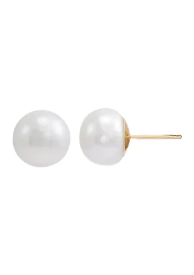 White Button Freshwater Pearl Stud Earrings in 14K Yellow Gold