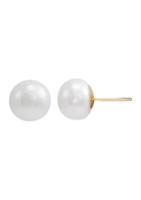 White Button Freshwater Pearl Stud Earrings in 14K Yellow Gold