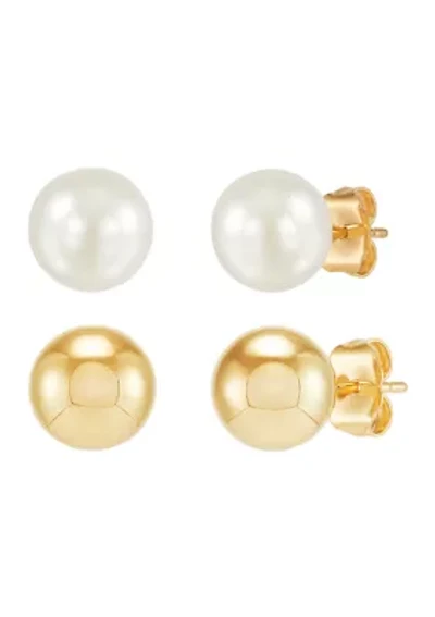 Pearl and Gold Ball Earring Set in 14K Yellow Gold