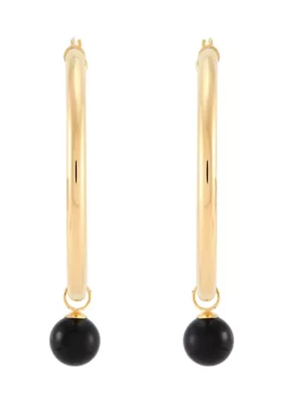 Onyx Ball Hoop Earrings in 10K Yellow Gold