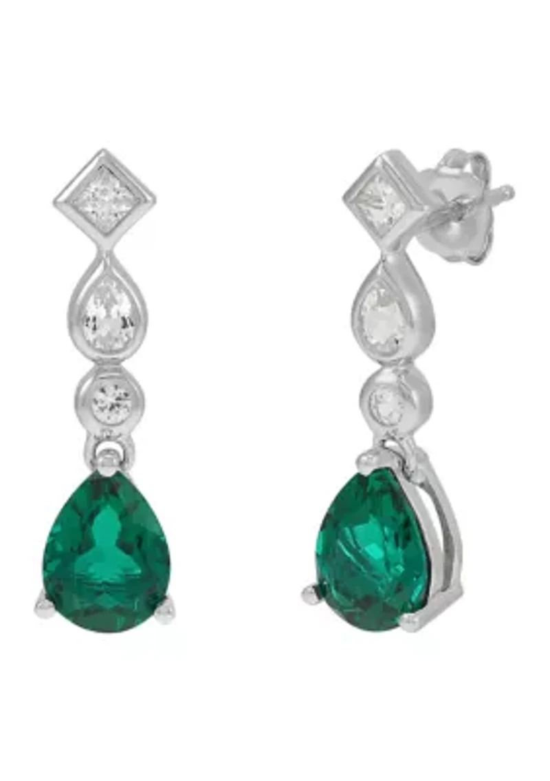 Emerald and White Sapphire Earring in Sterling Silver