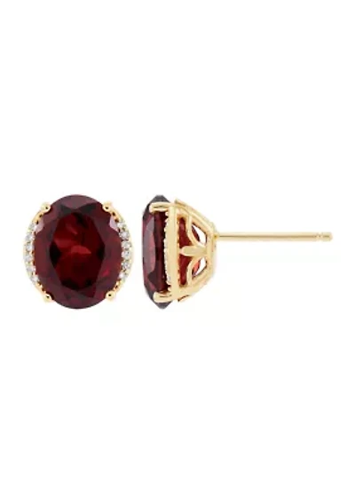   1/10 ct. t.w. Diamond and Garnet Oval Stud Earrings in 10K Yellow Gold