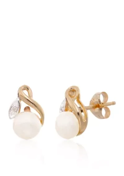 Freshwater Pearl and Diamond Flower Stud Earrings in 10K Yellow Gold