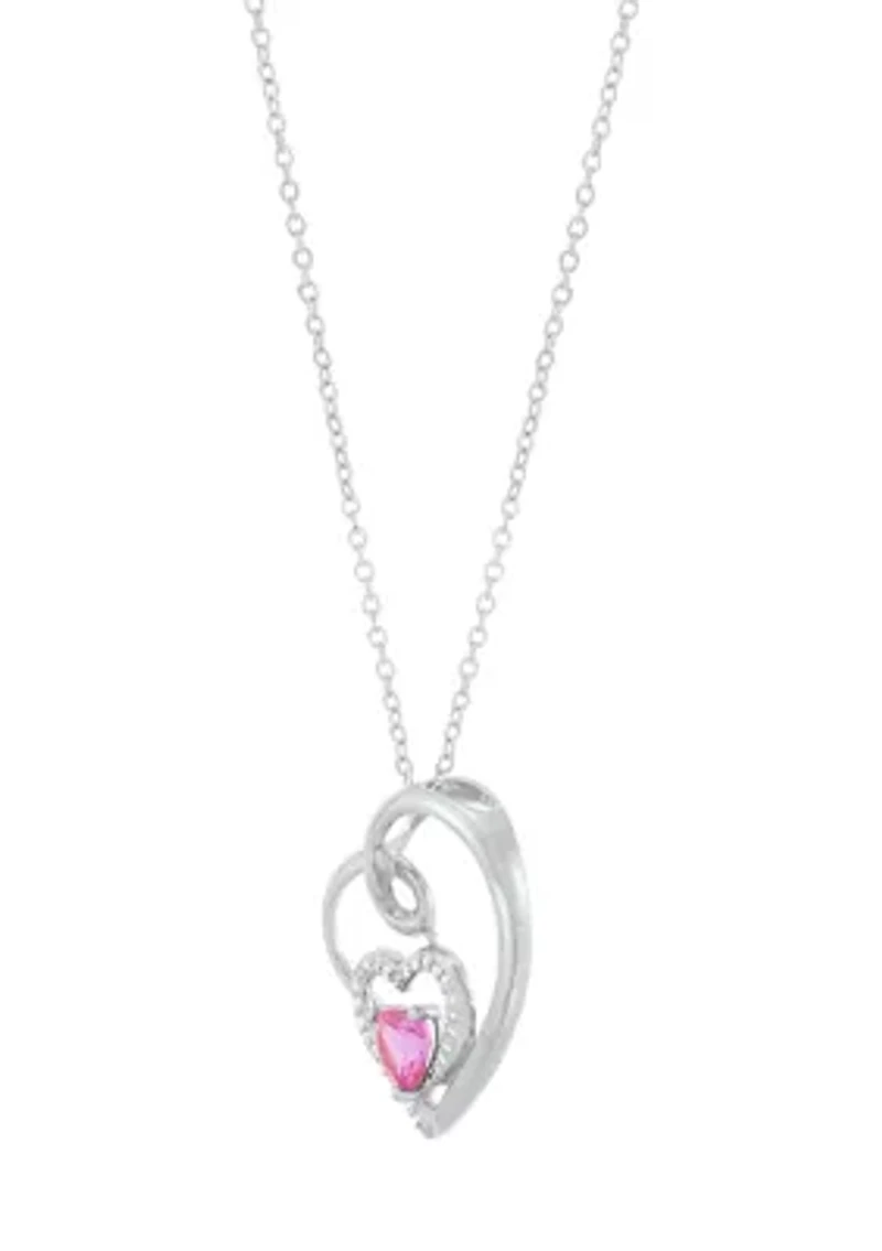 Lab Grown Pink and White Sapphire Heart Pendant with 18" Cable Chain in Sterling Silver