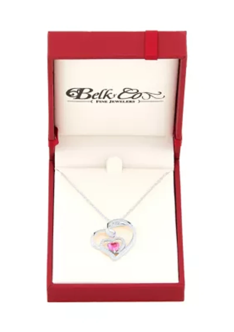 Lab Grown Pink and White Sapphire Heart Pendant with 18" Cable Chain in Sterling Silver