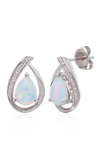 Opal and Diamond Stud Earrings in Sterling Silver