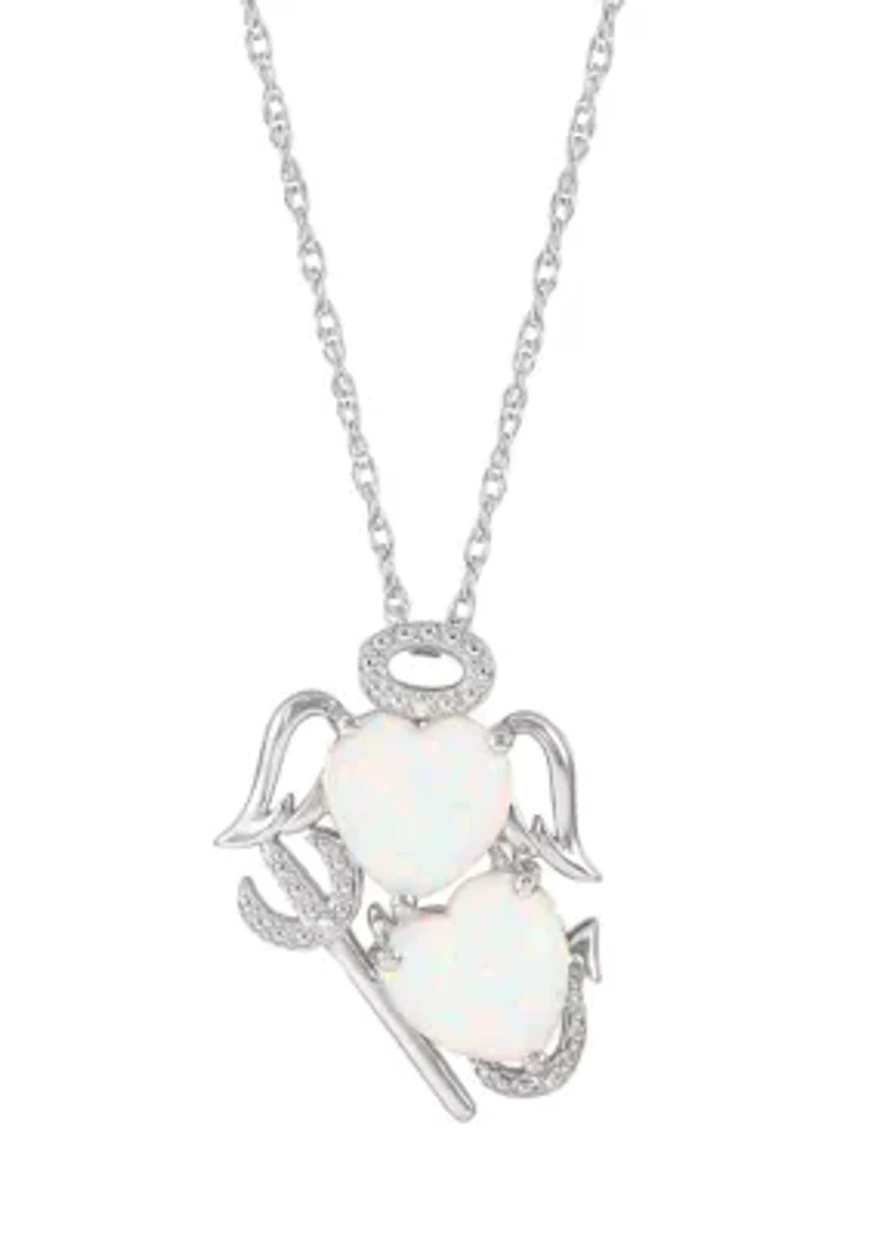 Lab Grown Diamond and Opal Angel and Evil Pendant with 18" Rope Chain in Sterling Silver
