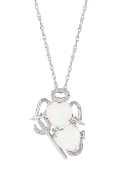 Lab Grown Diamond and Opal Angel and Evil Pendant with 18" Rope Chain in Sterling Silver