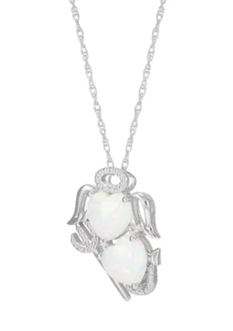 Lab Grown Diamond and Opal Angel and Evil Pendant with 18" Rope Chain in Sterling Silver