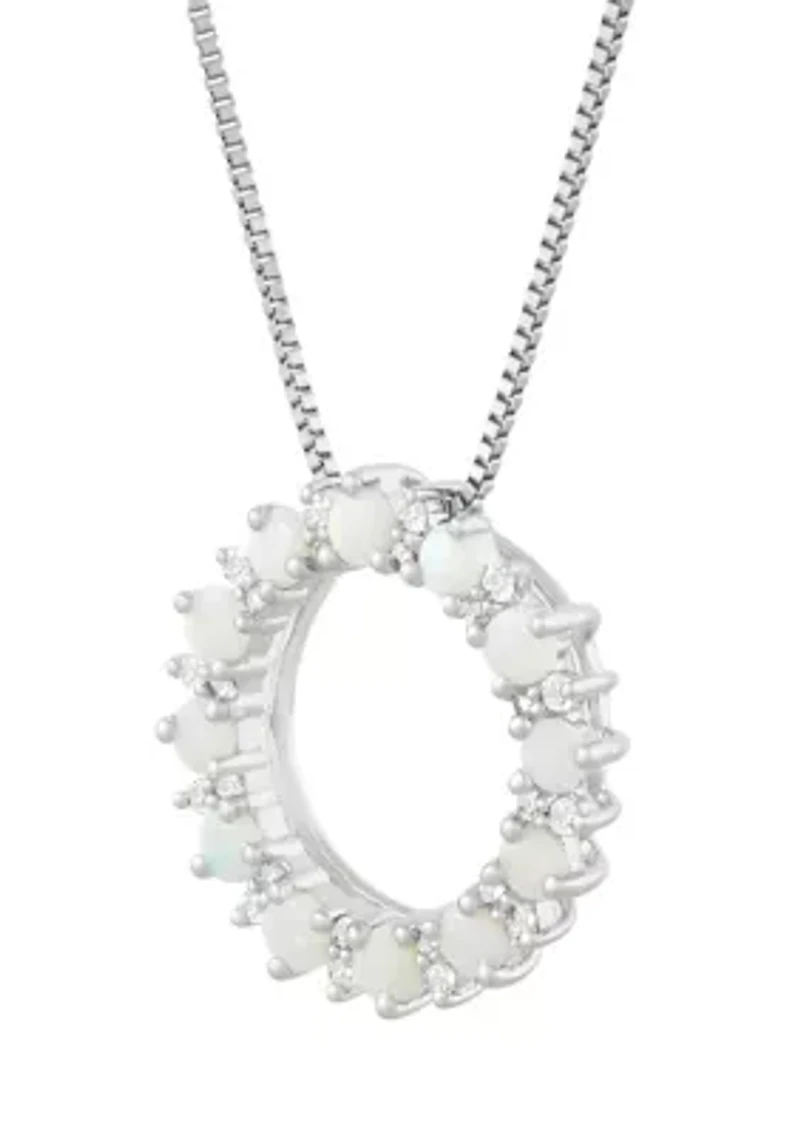 Lab Created Opal and White Sapphire Circle Pendant Necklace with 18" Box Chain in Sterling Silver