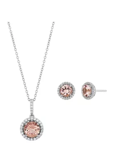 Nano Morganite and Created White Sapphire Pendant and Earrings Set in Sterling Silver