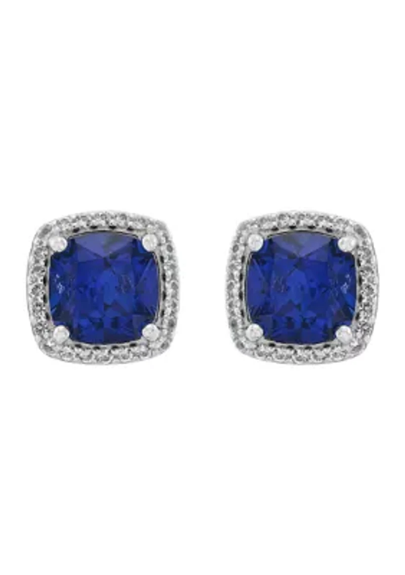 Lab Grown Cushion Sapphire and White Sapphire Stud Earrings in Sterling Silver