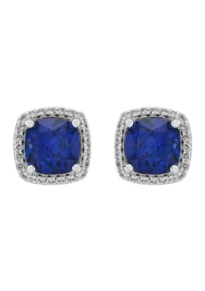 Lab Grown Cushion Sapphire and White Sapphire Stud Earrings in Sterling Silver