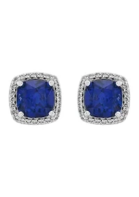 Lab Grown Cushion Sapphire and White Sapphire Stud Earrings in Sterling Silver