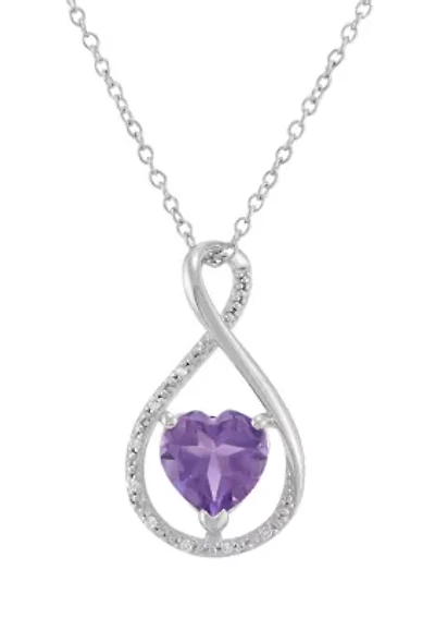 Heart Shape Amethyst and Diamond Accent Pendant Necklace with 18" Cable Chain in Sterling Silver