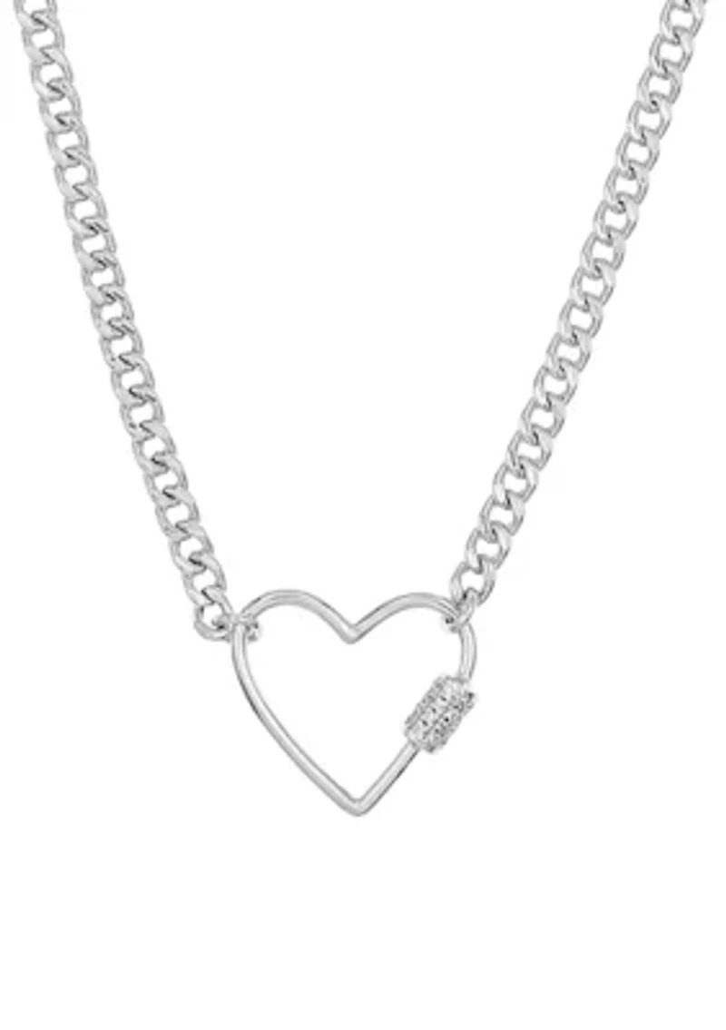 White Topaz Heart Clip On Curb Chain in Sterling Silver