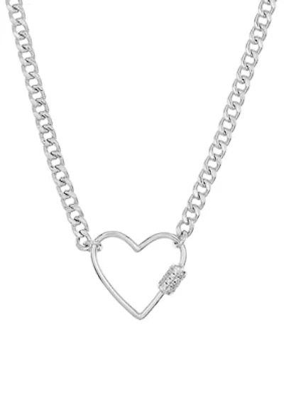White Topaz Heart Clip On Curb Chain in Sterling Silver