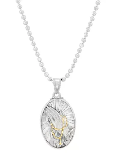 Praying Hand Medal Pendant with 20" Bead Chain in Sterling Silver