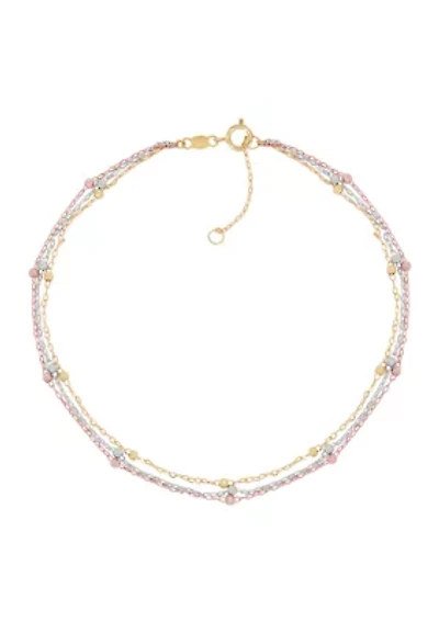 Triple Strand Tin Cup Anklet in 10K Tri-Tone Gold