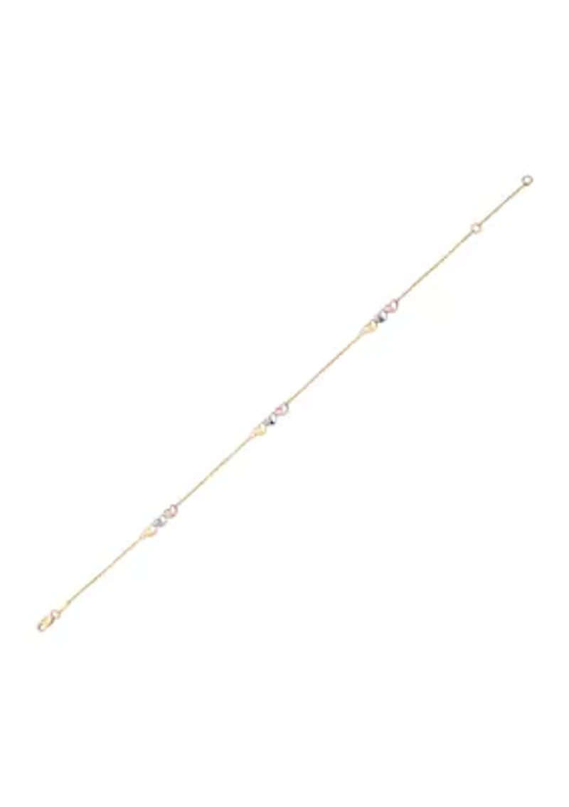 Triple Hollow Heart Station on Cable Chain Anklet in 10K Yello, White, and Rose Gold