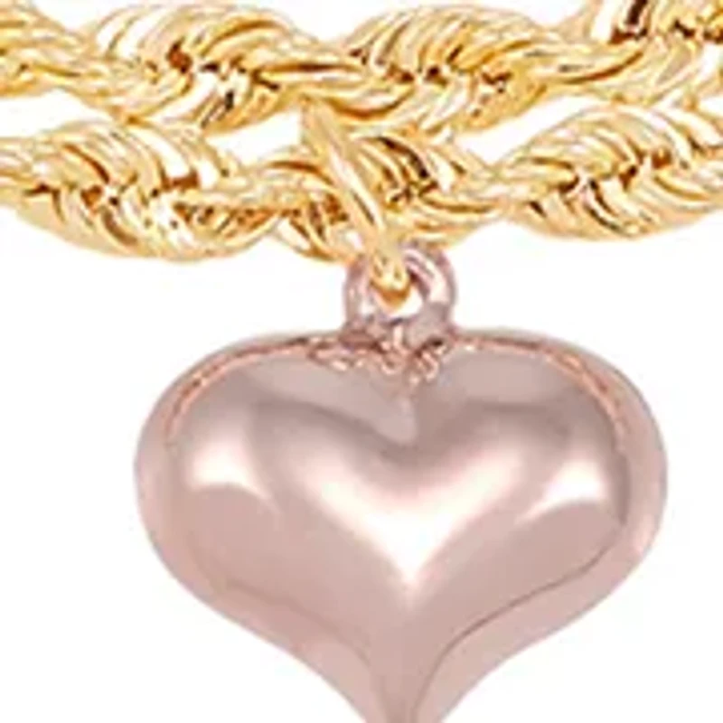 Puffed Heart 2 Row Rope Chain Anklet in 10K Tri-Tone Gold