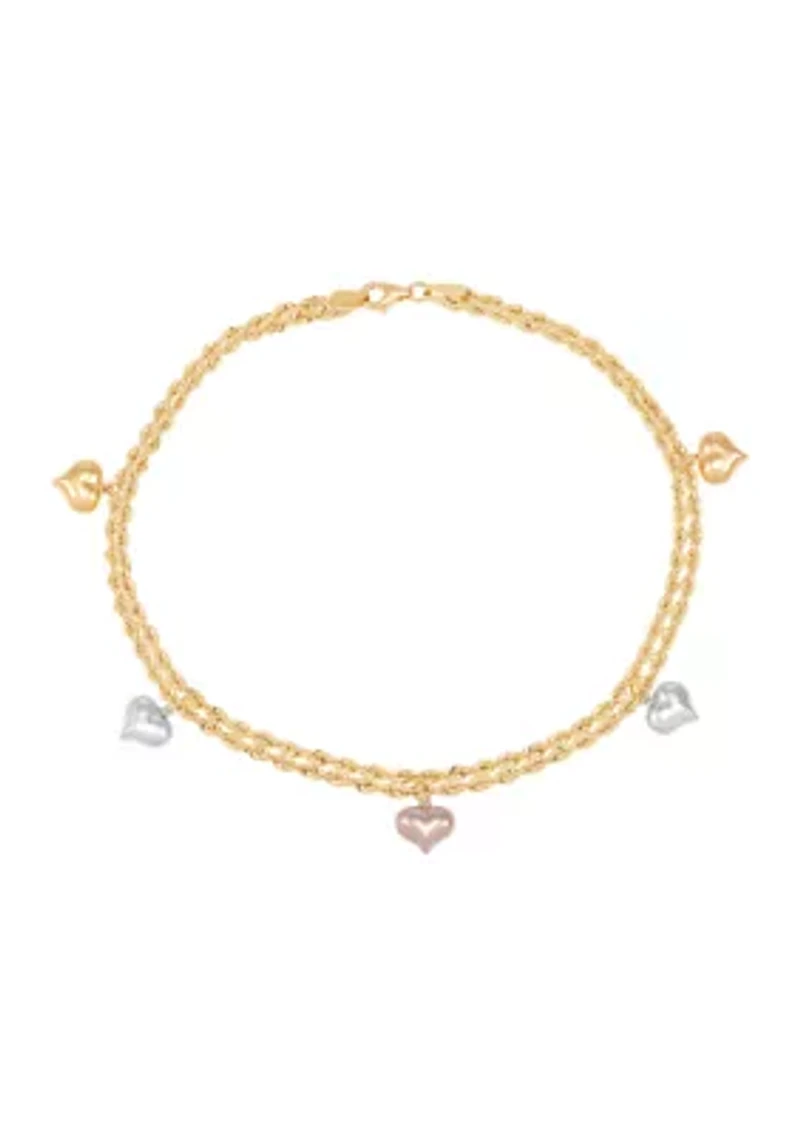 Puffed Heart 2 Row Rope Chain Anklet in 10K Tri-Tone Gold
