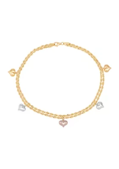 Puffed Heart 2 Row Rope Chain Anklet in 10K Tri-Tone Gold