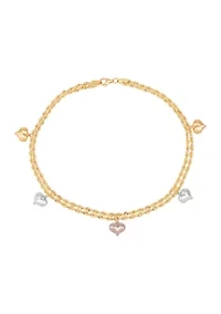 Puffed Heart 2 Row Rope Chain Anklet in 10K Tri-Tone Gold