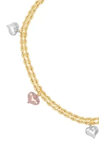 Puffed Heart 2 Row Rope Chain Anklet in 10K Tri-Tone Gold