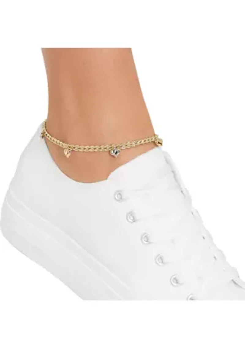Puffed Heart 2 Row Rope Chain Anklet in 10K Tri-Tone Gold