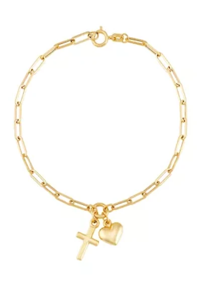Cross and Heart Paperclip Bracelet in 10K Yellow Gold