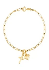 Cross and Heart Paperclip Bracelet in 10K Yellow Gold
