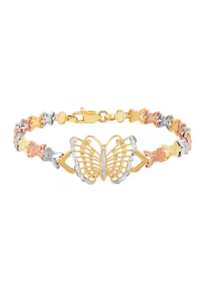 Center Butterfly Flower Link Bracelet in 10K Tri Tone Gold