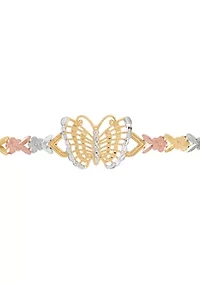 Center Butterfly Flower Link Bracelet in 10K Tri Tone Gold