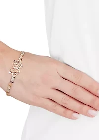 Center Butterfly Flower Link Bracelet in 10K Tri Tone Gold