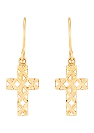 Pierced Cross Dangle Earringsi in 10K Yellow Gold