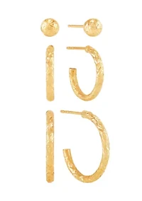 Tube J Hoop and Ball Studs Earring Set in 10K Yellow Gold