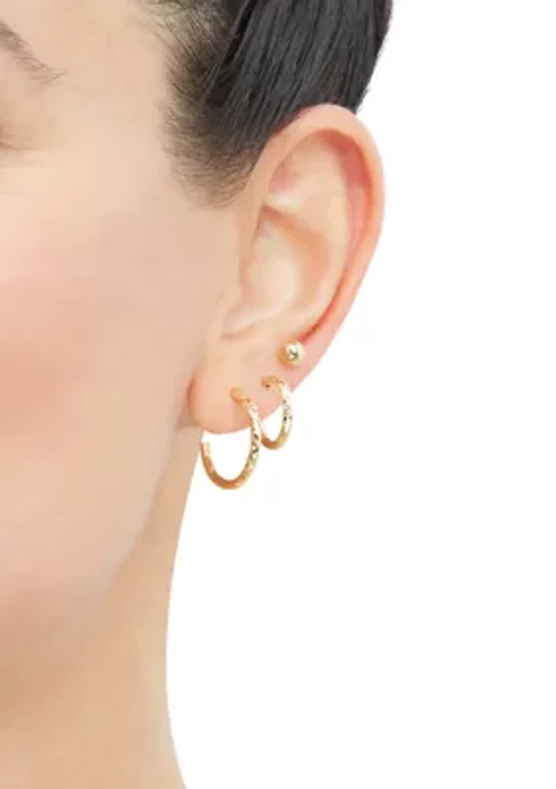 Tube J Hoop and Ball Studs Earring Set in 10K Yellow Gold
