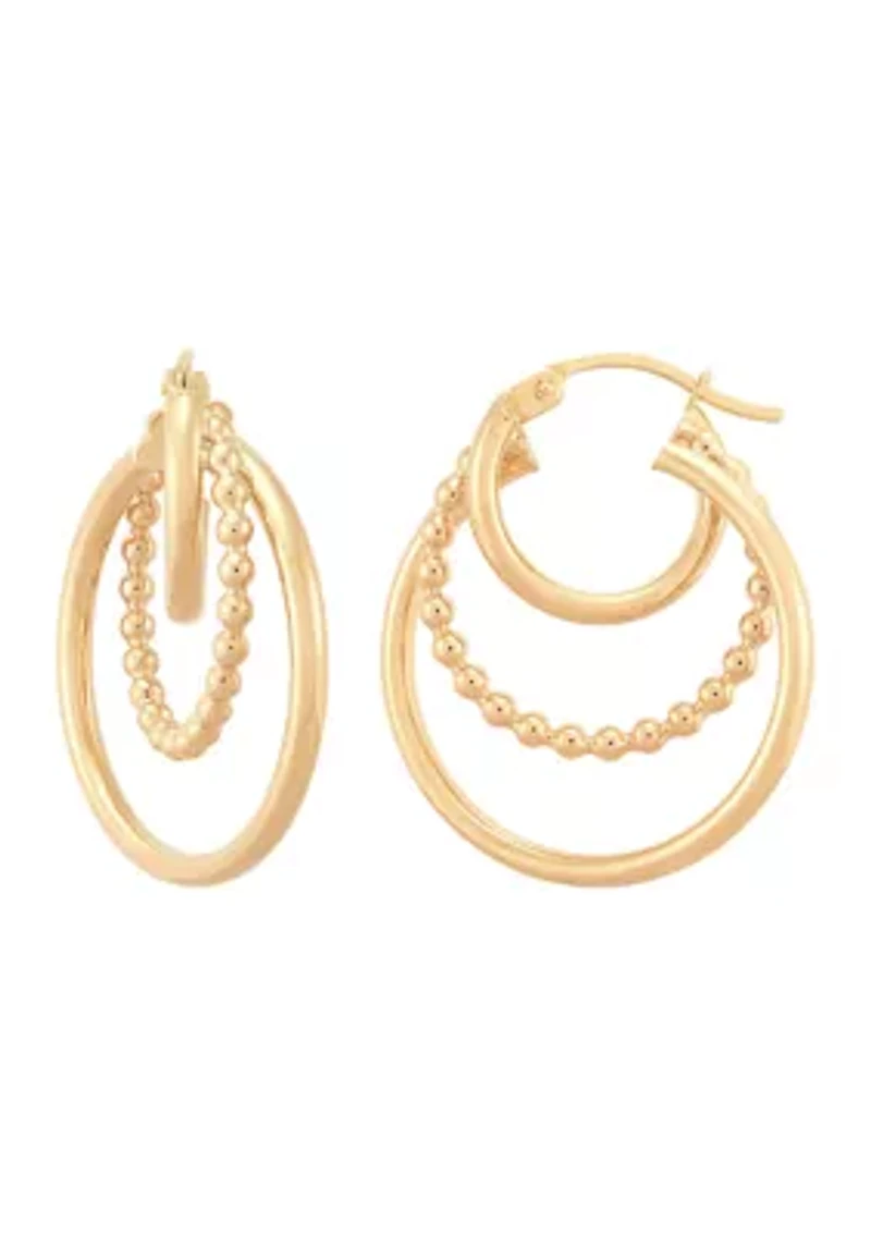 Beaded and Round Tubing 3 Row Grad Hoop Earrings in 10K Yellow Gold