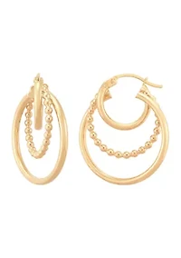 Beaded and Round Tubing 3 Row Grad Hoop Earrings in 10K Yellow Gold