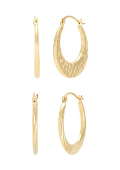Round Hammered Hoop and Swirl Hoop Earring Set in 10K Yellow Gold