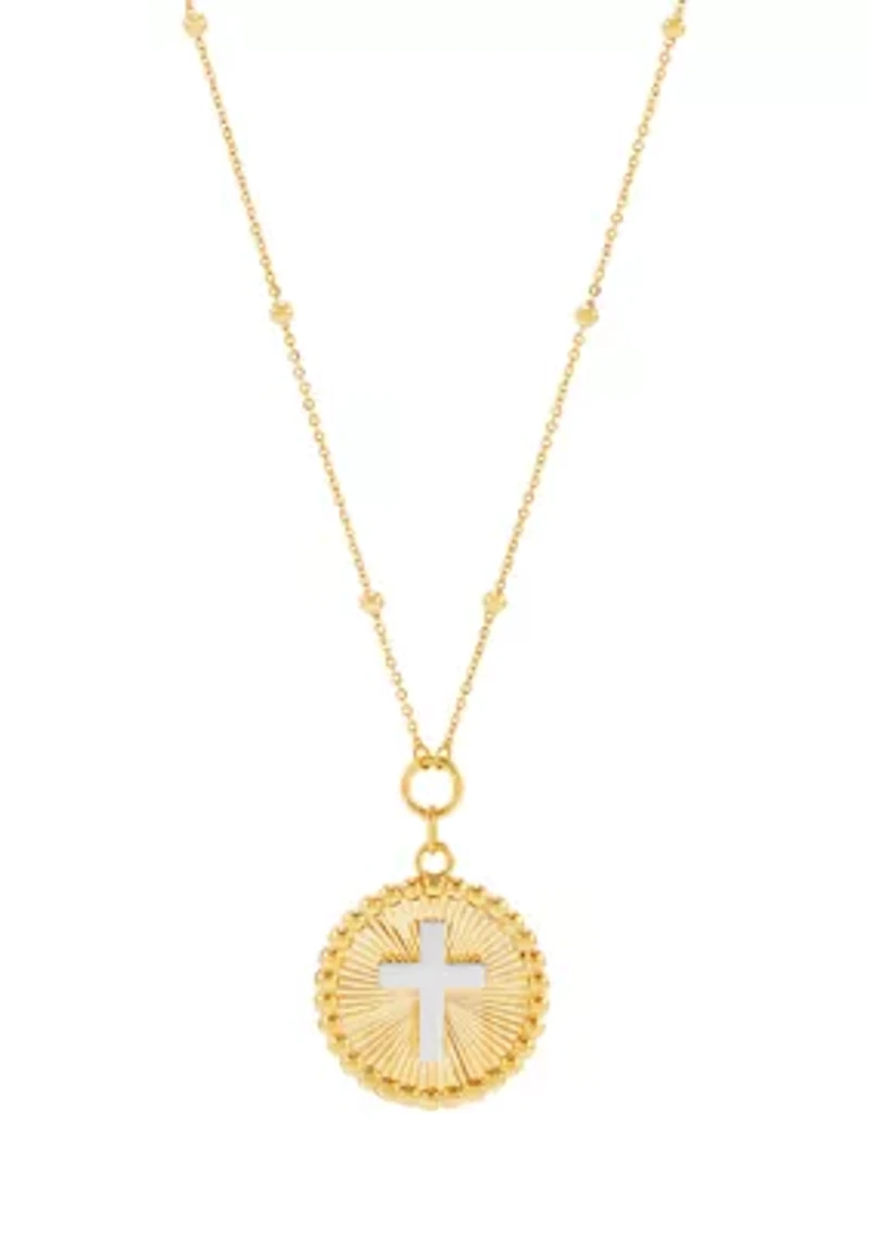 Sunburst Disk Cross Pendant Necklace with 18" Cable Chain in 10K Yellow and White Gold